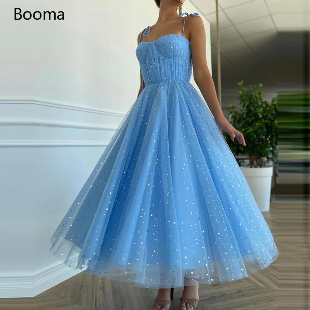 Fairy Blue Princess Prom Dresses Sparkly Starry Tulle Strapless Short Prom Gowns Pleated Tea-Length A-Line Formal Party Gowns - Deanwangkt