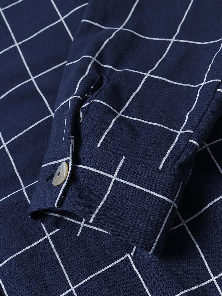 deanwangkt Women Grid Stand Collar Long Sleeve Casual Shirt Dresses With Sleeve Tabs - Deanwangkt