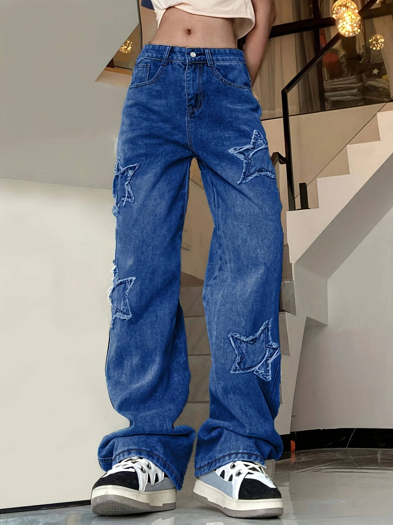 Blue Star Shape Patchwork Straight Jeans, Loose Fit Slant Pockets Non-Stretch Denim Pants, Women's Denim Jeans & Clothing - Deanwangkt