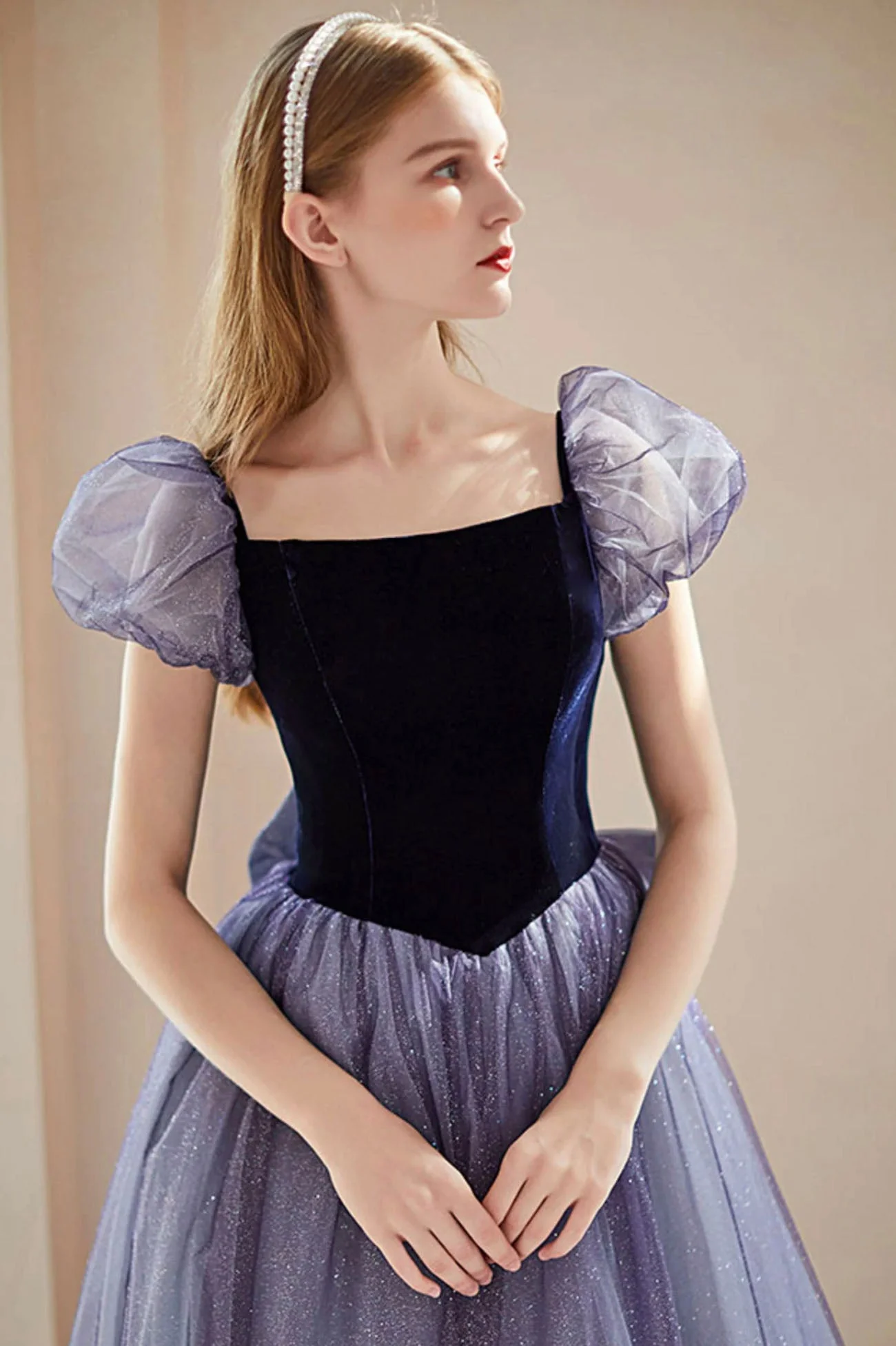 solvbao Purple Velvet Tulle Long Prom Dresses, Cute A-Line Evening Dresses - Deanwangkt