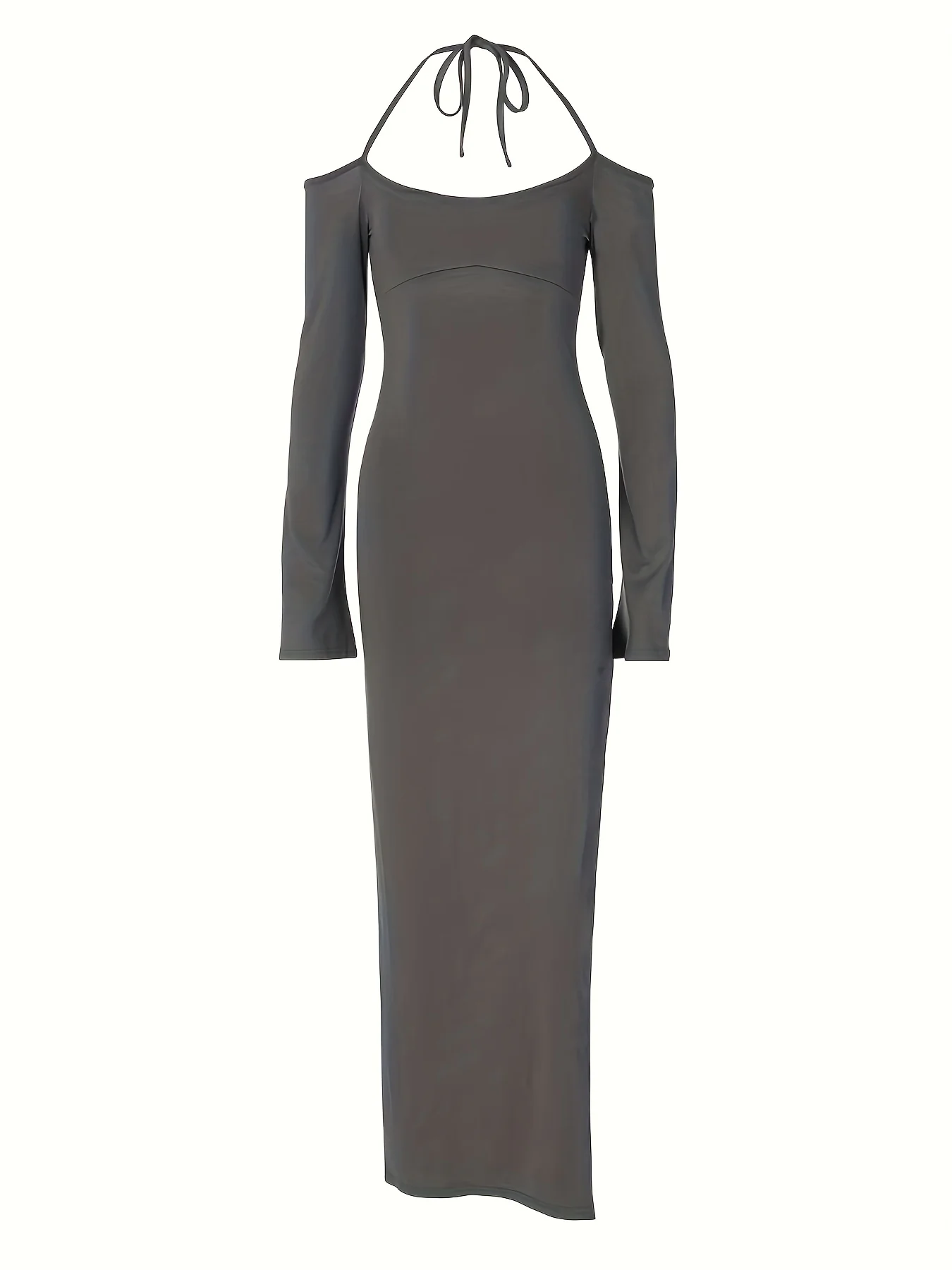 Halter Neck Backless Dress, Party Wear Split Thigh Long Sleeve Solid Dress, Women's Clothing - Deanwangkt