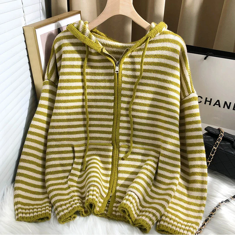 deanwangkt Autumn Winter Red Stripes Hooded Knit Cardigan Woman Korean Fashion Loose Casual Sweater Zipper Coat Oversized Long Sleeve Top - Deanwangkt