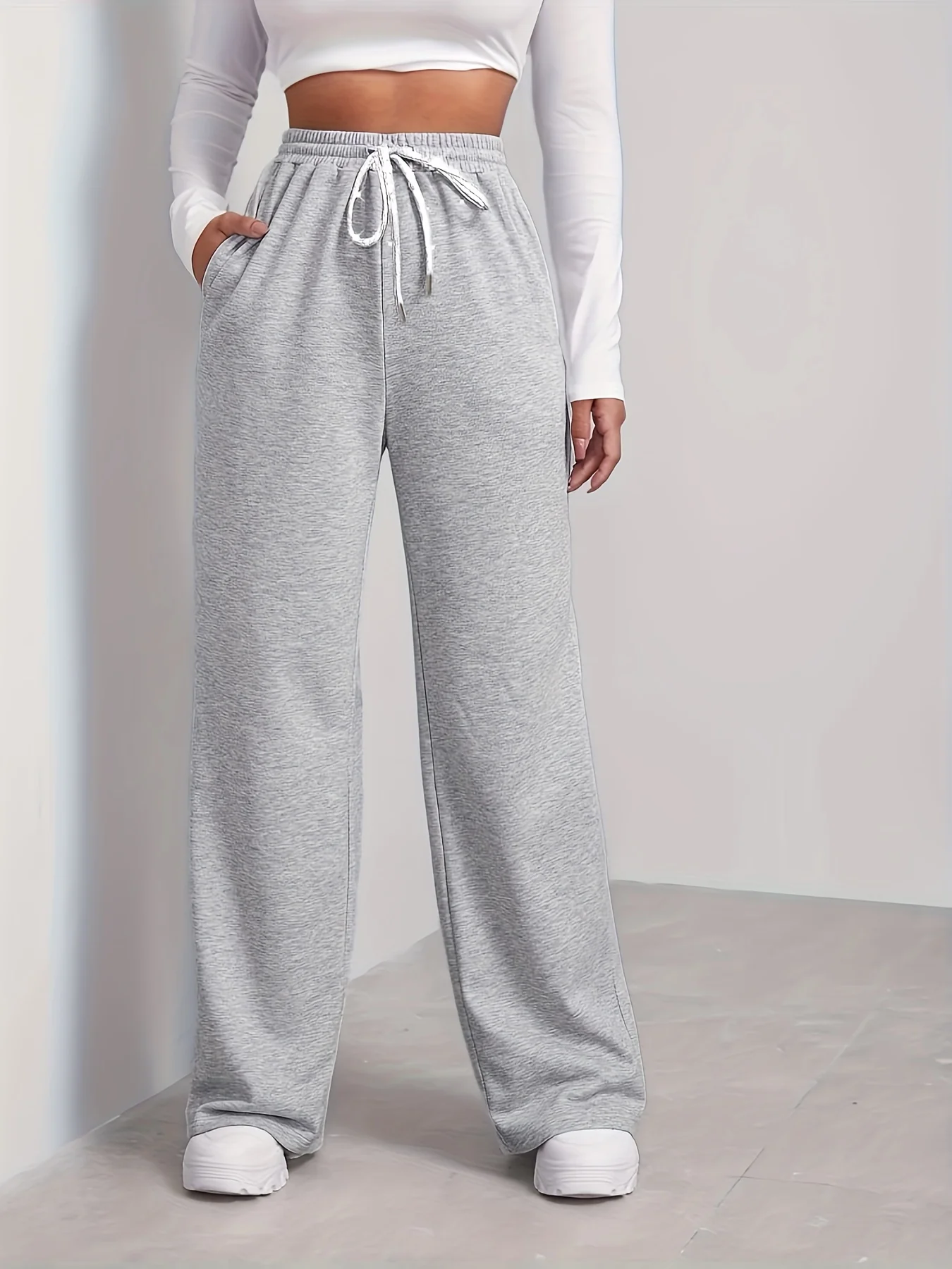 Drawstring Waist Slant Pocket Sweatpants, Casual High Waist Wide Leg Pants, Women's Clothing - Deanwangkt
