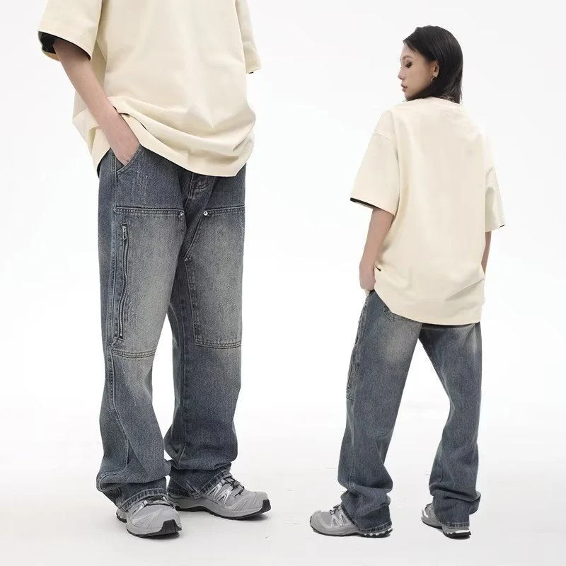 deanwangkt High Street Fashion Brand Made Old Wash Zipper Pocket Woodcut Jeans Vintage Loose Straight Leg Pants Women's Jeans - Deanwangkt