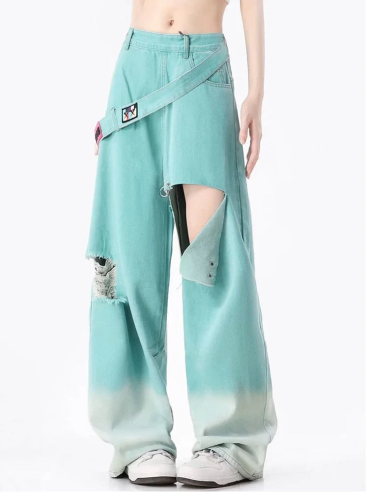 deanwangkt Spring and Autumn Dopamine Leisure Network Red Fried Street Age Reducing Gradient Denim Wide Leg Pants Women's Jeans - Deanwangkt