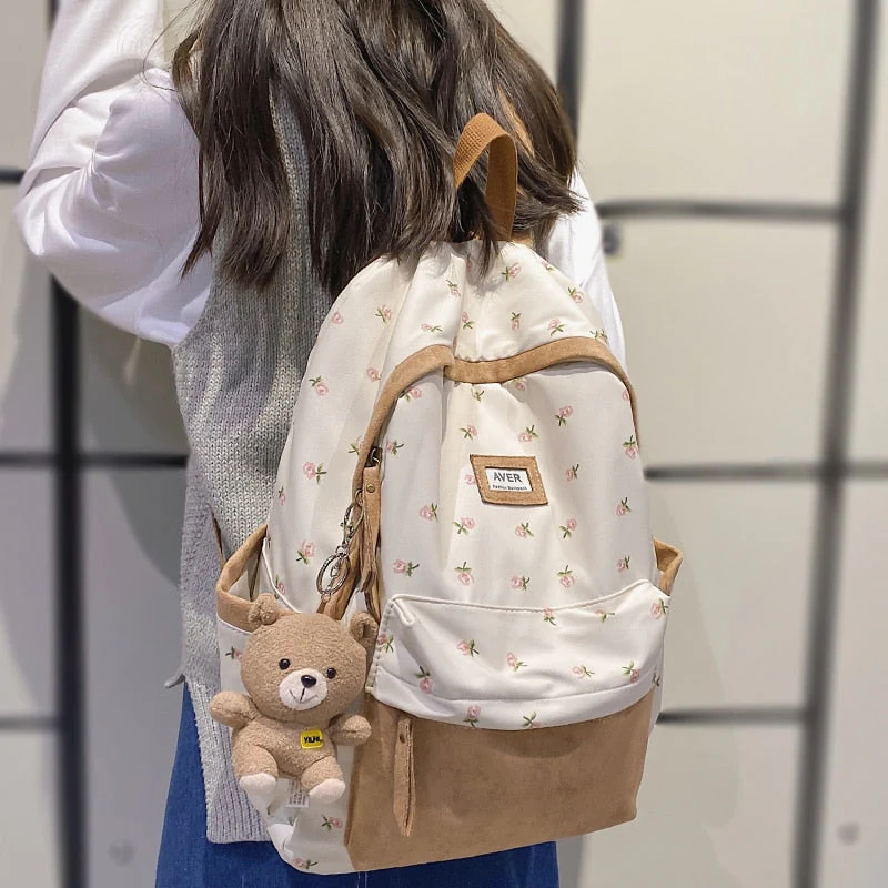 Girl Trendy Nylon Kawaii Flannel Floral Bag Ladies Cute College Backpack Women Travel Student Bag Female Laptop Backpack Fashion - Deanwangkt