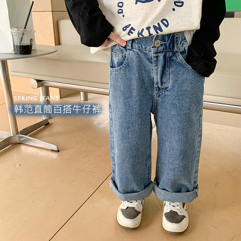 deanwangkt Spring Unisex Kids fashion all-match straight jeans 1-8Years boys trousers girls loose denim pants - Deanwangkt