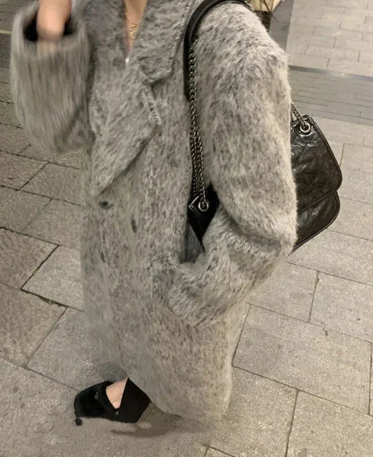 deanwangkt Mohair Long Wool Coat Women Autumn Winter New Long Sleeve Thicken Jacket Vintage Double Breasted Loose Chic Coats - Deanwangkt