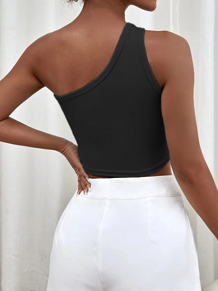 deanwangkt Solid One Shoulder Ribbed Knit Tank Top for Women Summer Black Sexy Y2K Clothes Street Style Goth Cut Out Crop Top Streetwear - Deanwangkt