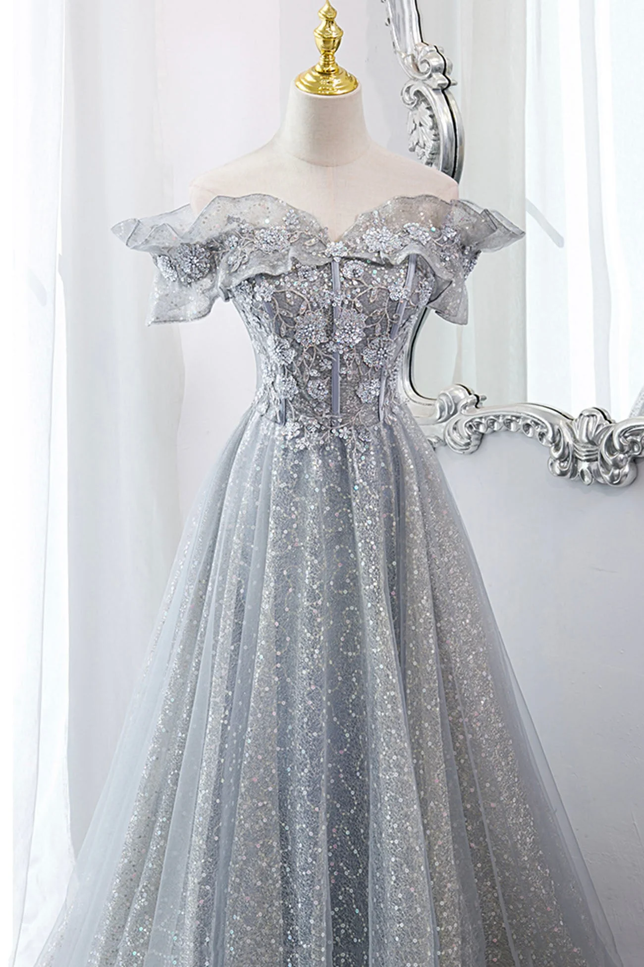 solvbao Gray Tulle Lace Long Prom Dresses, A-Line Sequins Evening Dresses - Deanwangkt