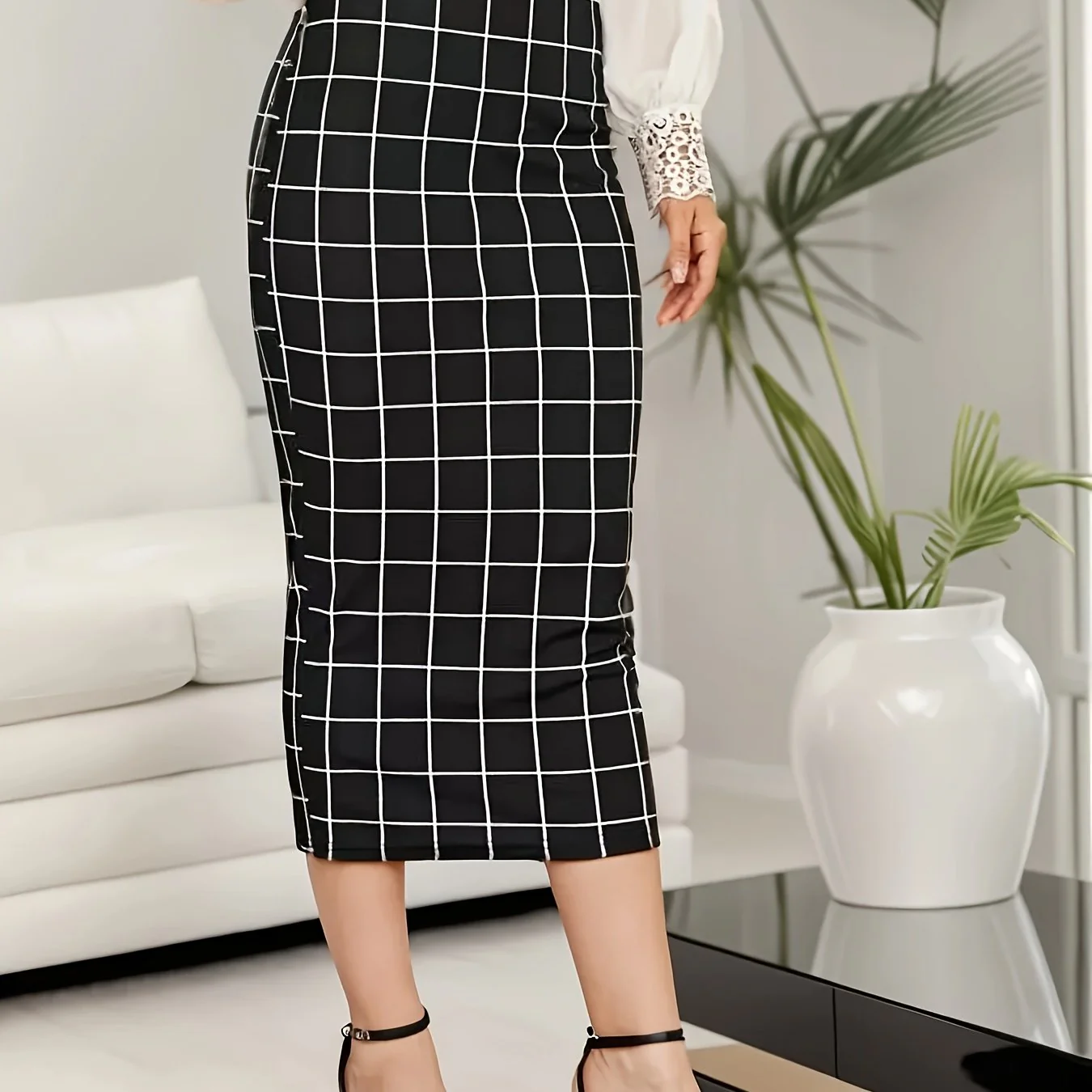 deanwangkt-1 Plaid Print High Waist Bodycon Skirt, Casual Midi Skirt For Spring & Summer, Women's Clothing - Deanwangkt