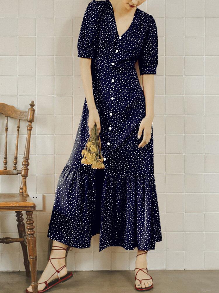 deanwangkt Polka Dot Print V-neck Short Sleeve Buttons Summer Beach Holiday Shirt Dress - Deanwangkt
