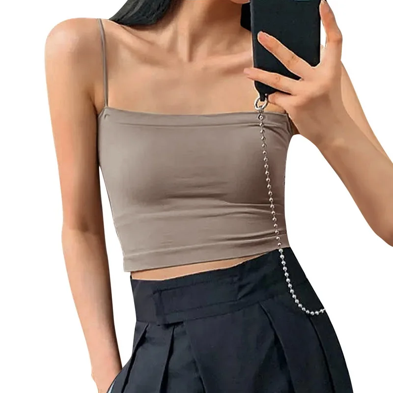 deanwangkt Sexy Crop Top Women Spaghetti Strap Tank Tops Summer Sleeveless Cami Tube Top Basic Solid Camisole Cotton Bustier Soft Bra Vest - Deanwangkt