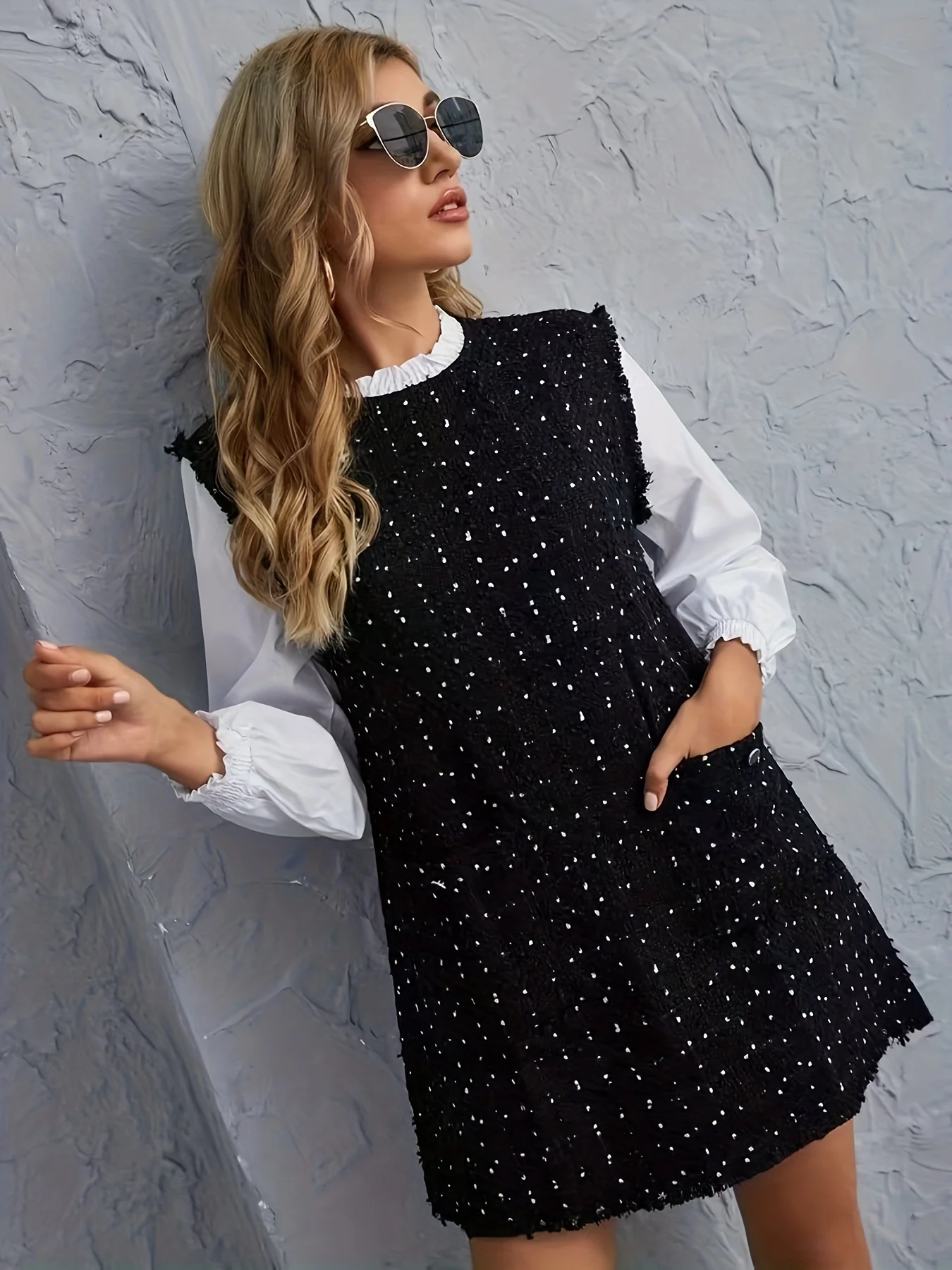 Solid Simple Mini Dress, Elegant Crew Neck Pocket Front Dress, Women's Clothing - Deanwangkt