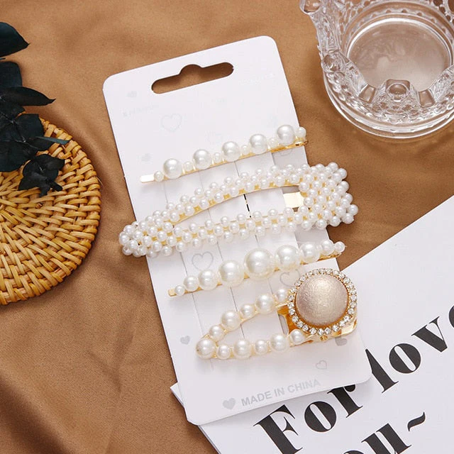 3/4/5pcs/Set Women Girls Elegant Full Pearls Geometric Hair Clips Sweet Hair Ornament Hairpin Barrette Headband Hair Accessories - Deanwangkt