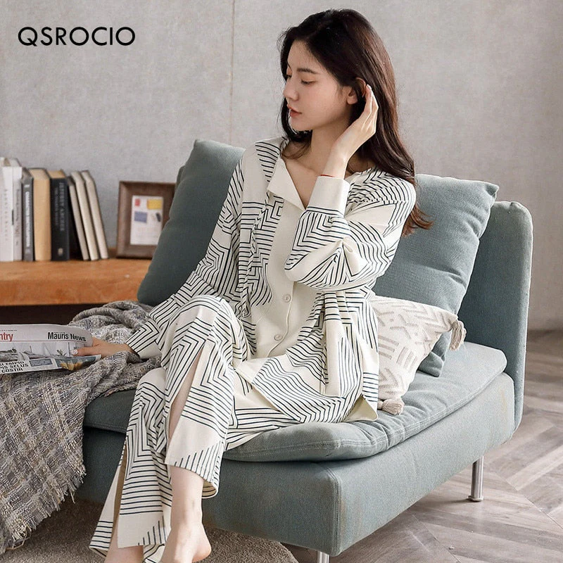 Autumn Women's Pajamas Set High Quality Bohemian Stripes Print Sleepwear V Neck Cotton Homewear Nightwear Pyjamas Femme - Deanwangkt