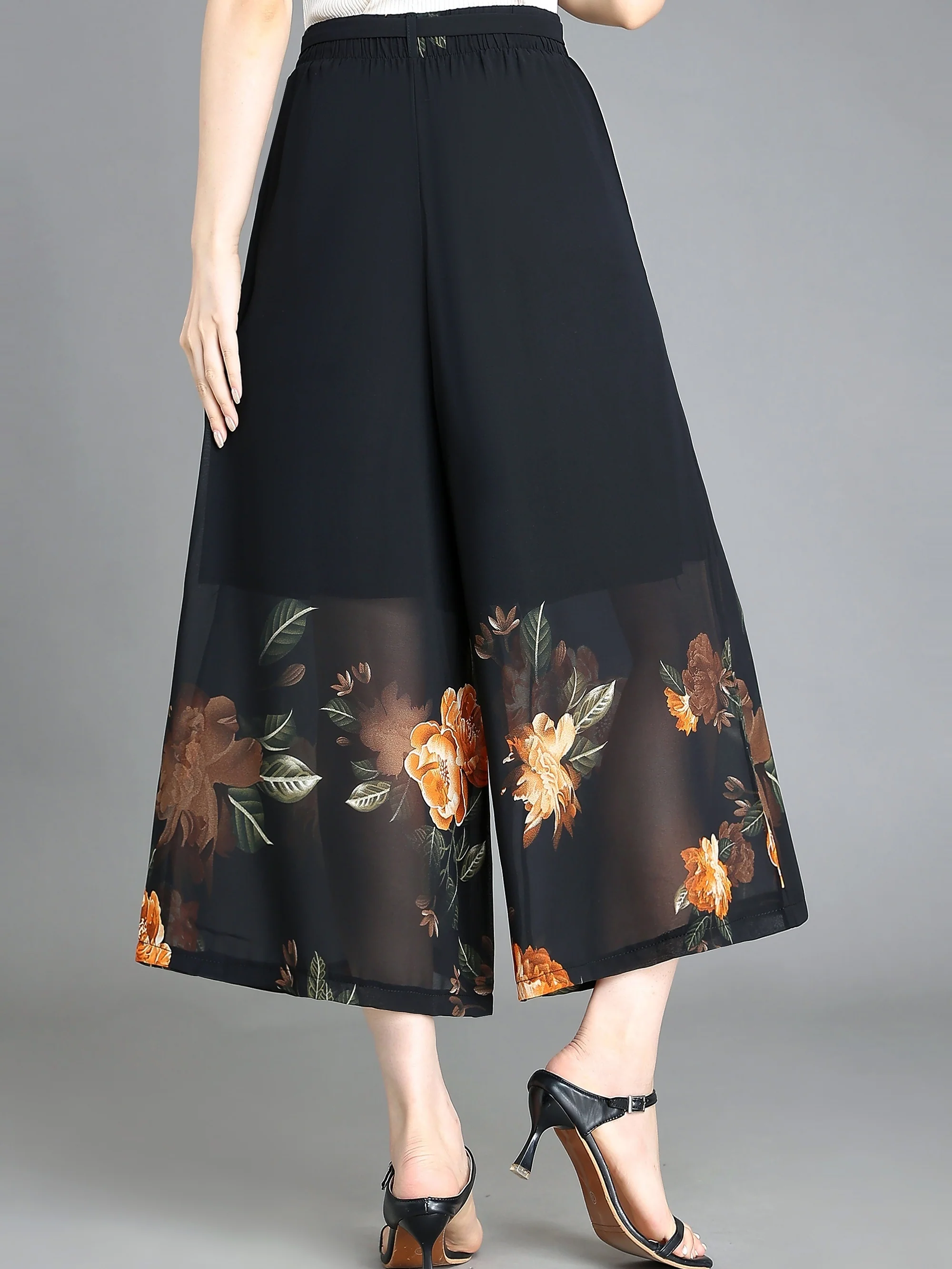 Floral Pattern Chiffon Cropped Wide Leg Pants, Casual Belted Pants For Spring & Summer, Women's Clothing - Deanwangkt