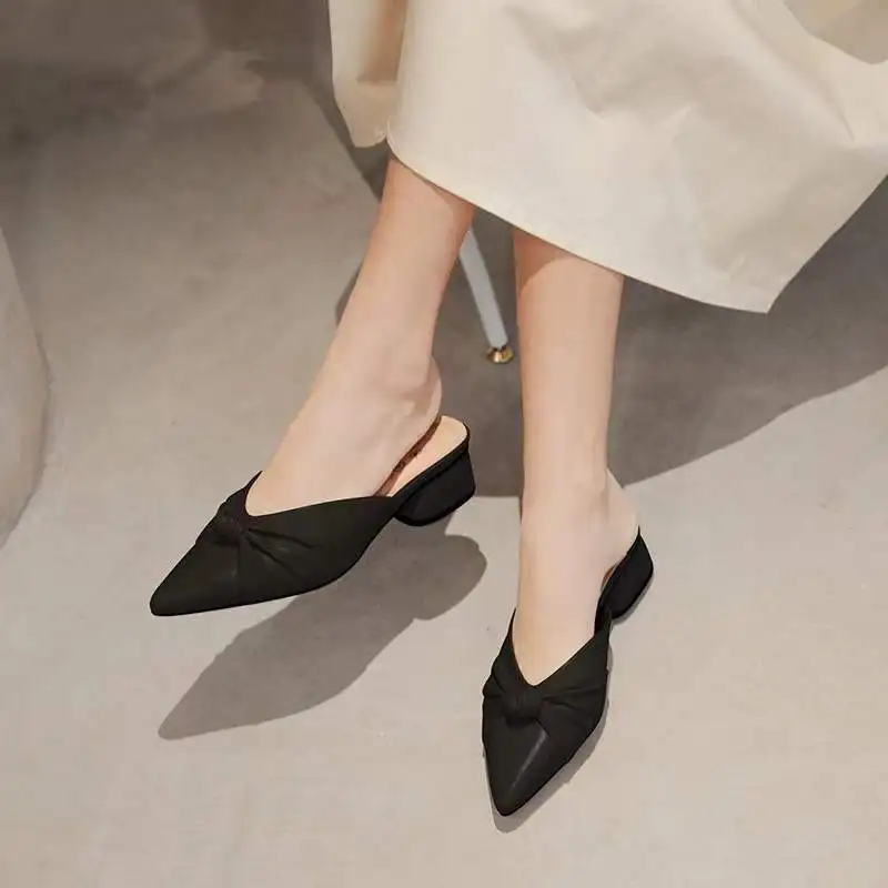 deanwangkt Shoes for Women Brown Woman Slippers Job Leather Slides Mules Sandals Pointed Toe Summer High Up To 4cm Heel New Style Pvc - Deanwangkt