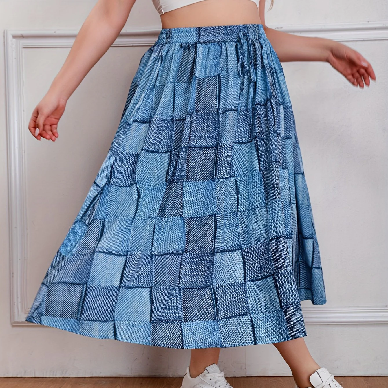 Plus Size Casual Skirt, Women's Plus Colorblock Denim Print Drawstring Elastic High Rise Slight Stretch Smock Maxi Skirt - Deanwangkt