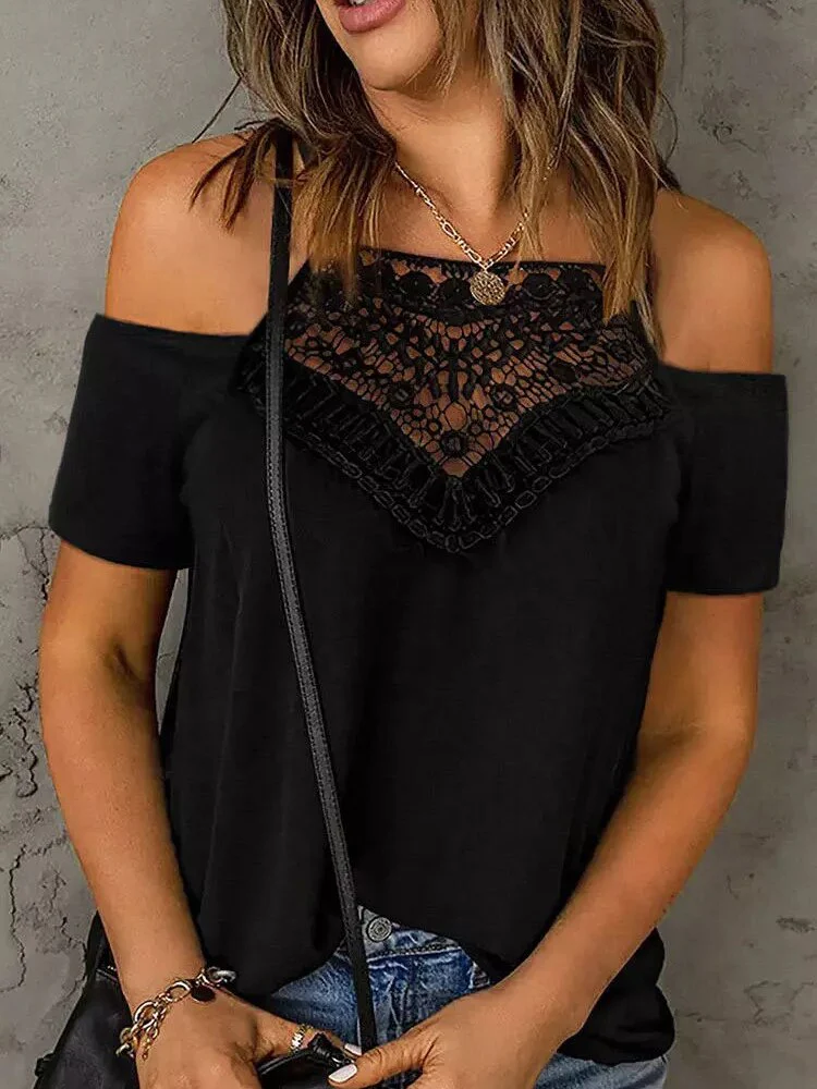 deanwangkt Short Sleeve T-Shirts Lace Splicing Cold Shoulder Blouse Patchwork Solid Color Tops Camisetas Y2k Clothes Tank Top - Deanwangkt
