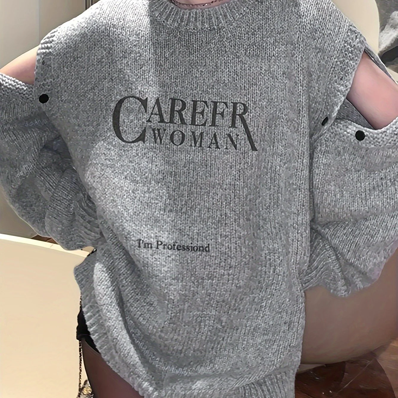 deanwangkt  Letter Pattern Crew Neck Pullover Sweater, Casual Cold Shoulder Long Sleeve Loose Sweater, Women's Clothing - Deanwangkt