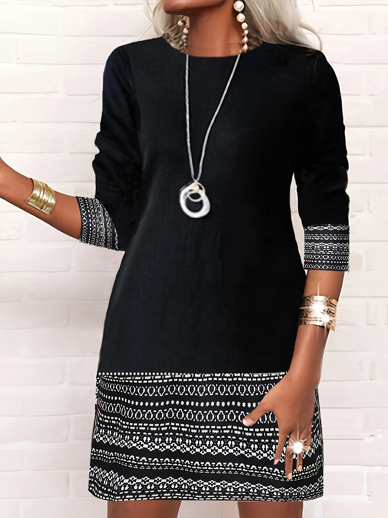 deanwangkt-1 Tribal Print Versatile Dress, Casual Crew Neck Long Sleeve Dress, Women's Clothing - Deanwangkt