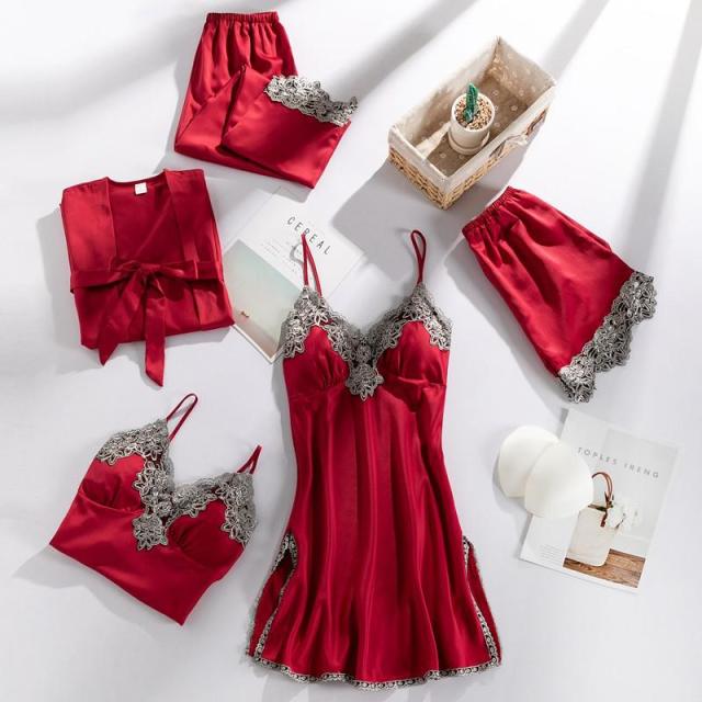 deanwangkt Women Robe Set Satin Sleepwear Lace Kimono Bathrobe Gown Sexy Nightwear Home Clothes Silky Bride Bridesmaid Dressing - Deanwangkt