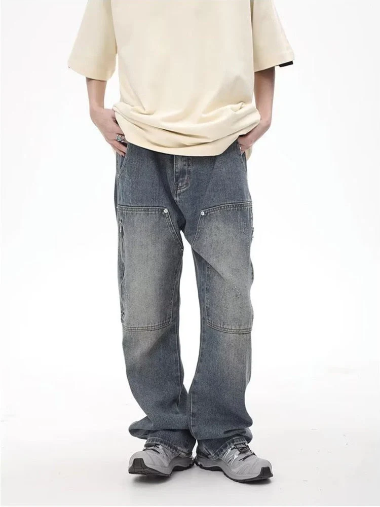 deanwangkt High Street Fashion Brand Made Old Wash Zipper Pocket Woodcut Jeans Vintage Loose Straight Leg Pants Women's Jeans - Deanwangkt