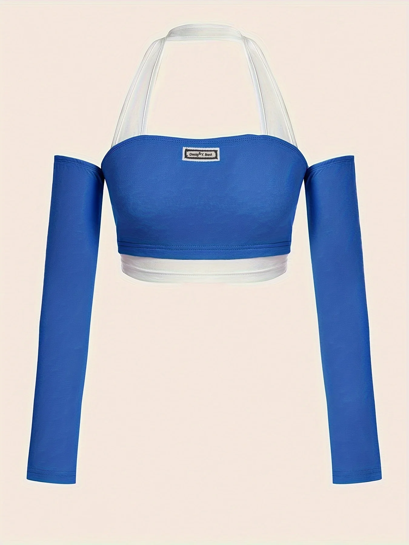 deanwangkt  Color Block Halter Neck T-Shirt, Casual Backless Long Sleeve Crop Top, Women's Clothing - Deanwangkt