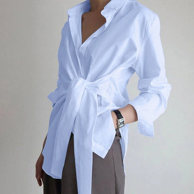 deanwangkt fashion women shirt blouse long sleeve ruched solid color blouse for office ladies white blue black autumn shirt - Deanwangkt