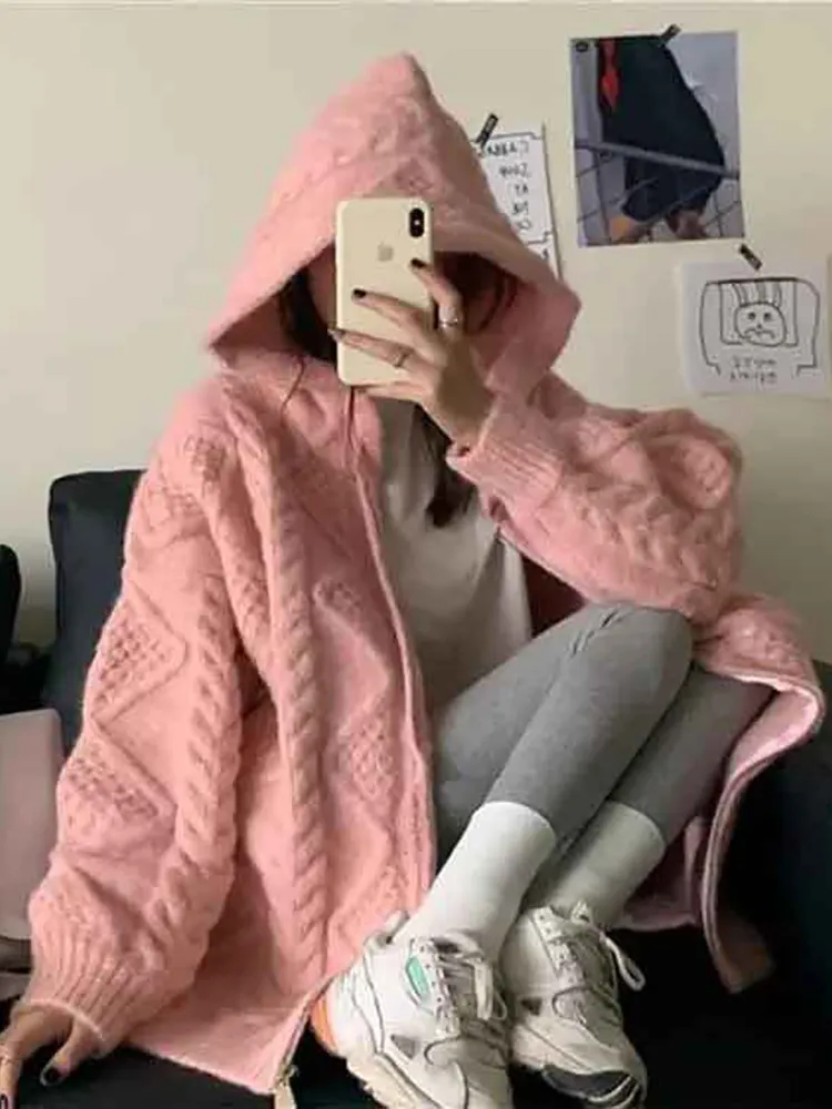 deanwangkt Korean Fashion Knit Cardigan Women Autumn Winter Casual Loose Zipper Hooded Thick Sweater Coat Long Sleeve Pink Top - Deanwangkt