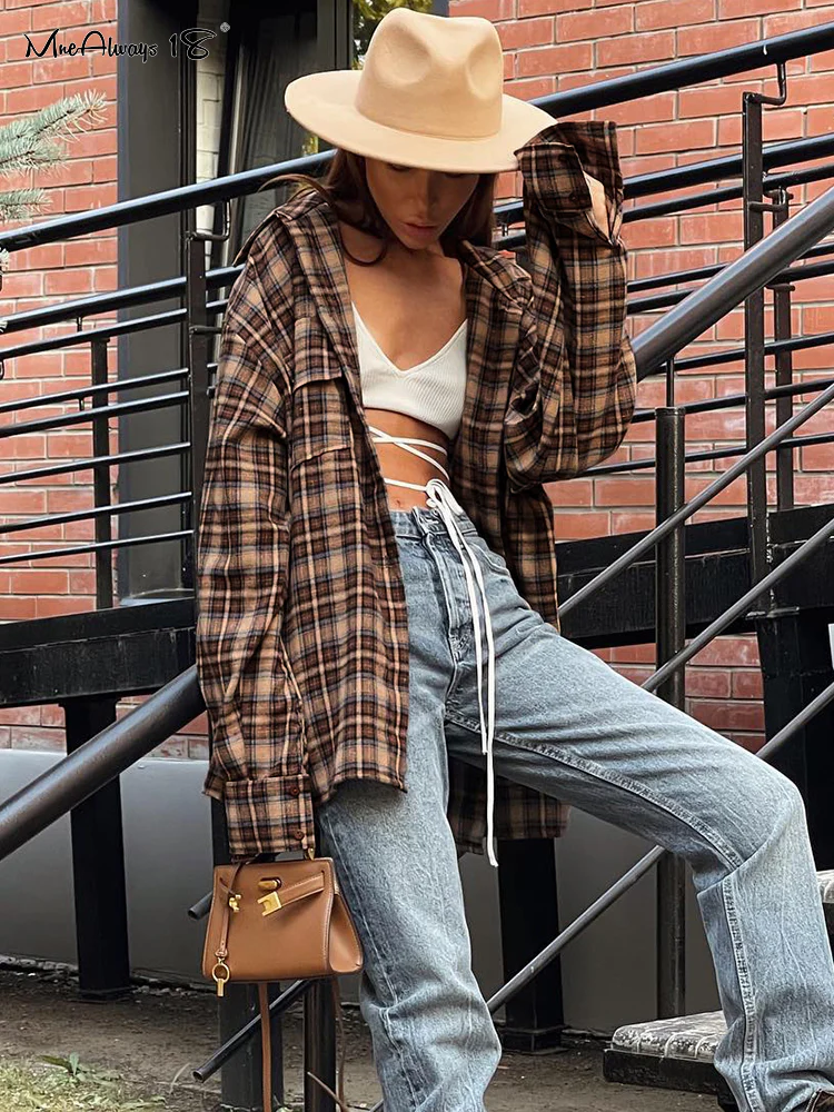 deanwangkt Oversized Plaid Womens Shirts Vintage  Loose Print Top And Blouse Spring Fashionable Button Long Shirts Gingham - Deanwangkt
