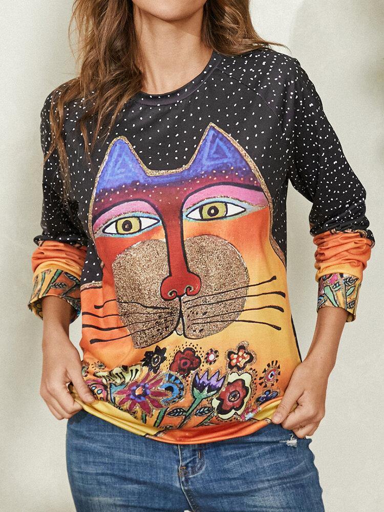 deanwangkt Women Cartoon Cat Spot Print Round Neck Casual Raglan Sleeve Blouses - Deanwangkt