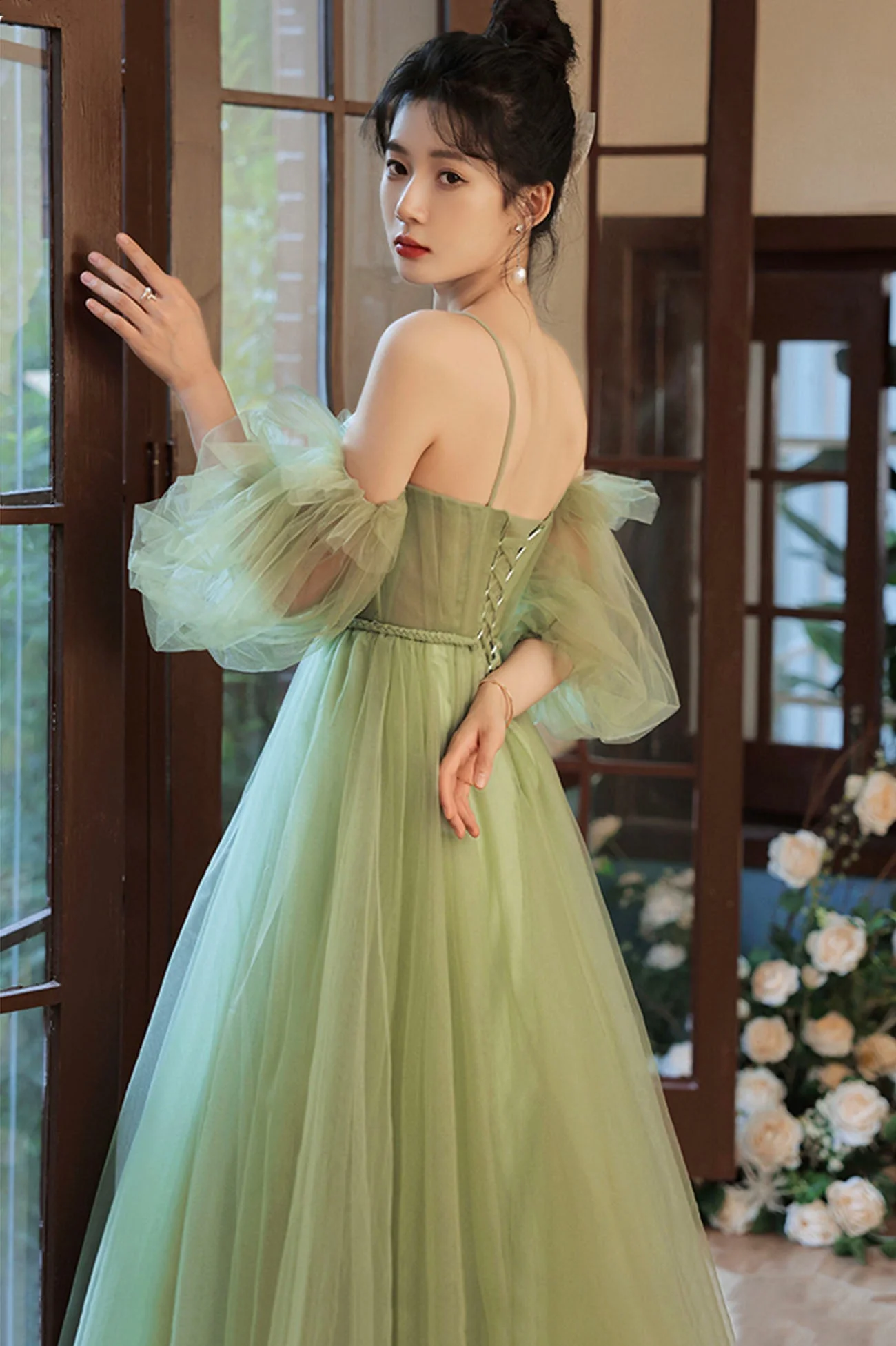 solvbao Lovely Green Tulle Long Party Dress, A-Line Evening Party Dress - Deanwangkt