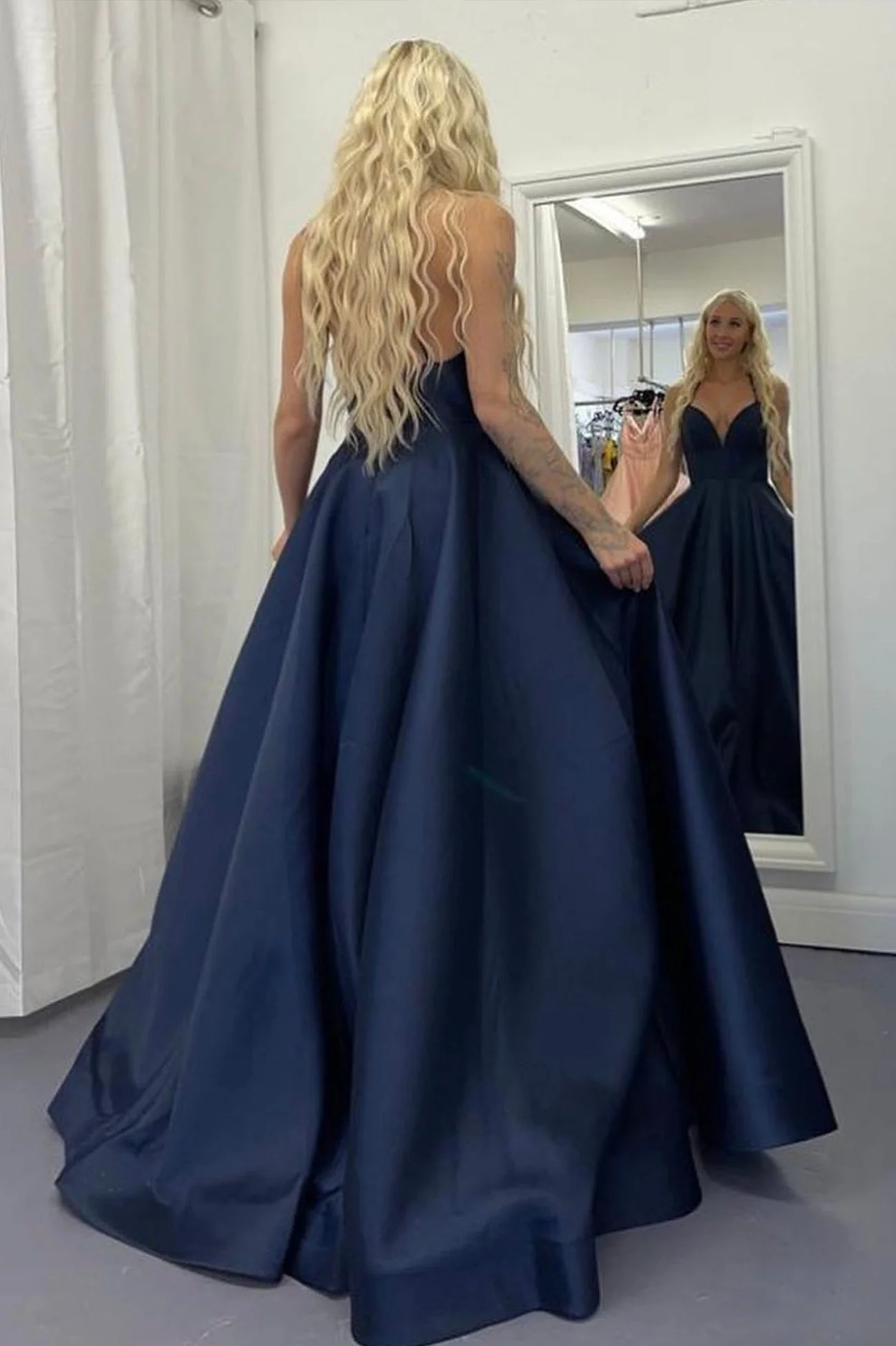 solvbao Blue V-Neck Satin Long Prom Dresses, A-Line Backless Evening Dresses - Deanwangkt