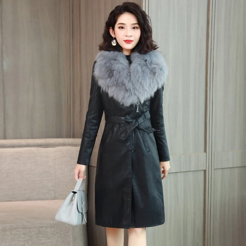 deanwangkt Women's Leather Jacket For Winter  New Plus Velvet Warm Slim Big Fur Collar Long Leather Coat Female Outerwear Winter Coats - Deanwangkt