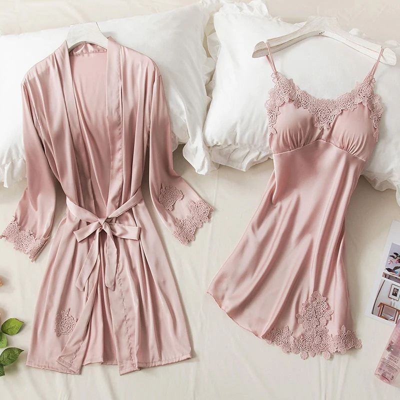 Women Pajamas 5PCS Pajamas Sets Satin Sleepwear Pijama Silk Home Wear Clothing Sexy Lace Sleep Lounge Pyjamas with Chest Pads - Deanwangkt