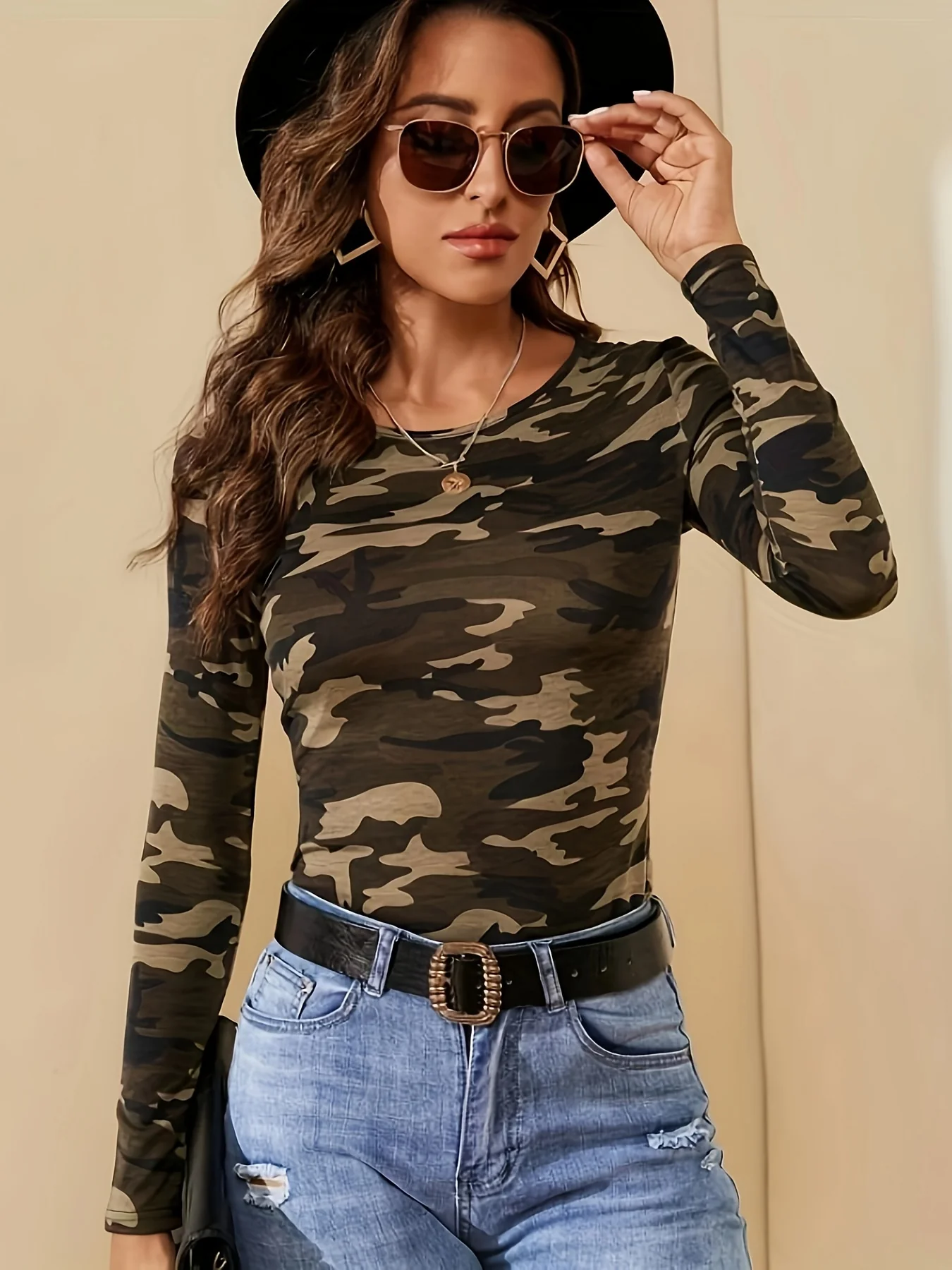 deanwangkt-1 Camo Print Crew Neck T-Shirt, Casual Long Sleeve Top For Spring & Fall, Women's Clothing - Deanwangkt