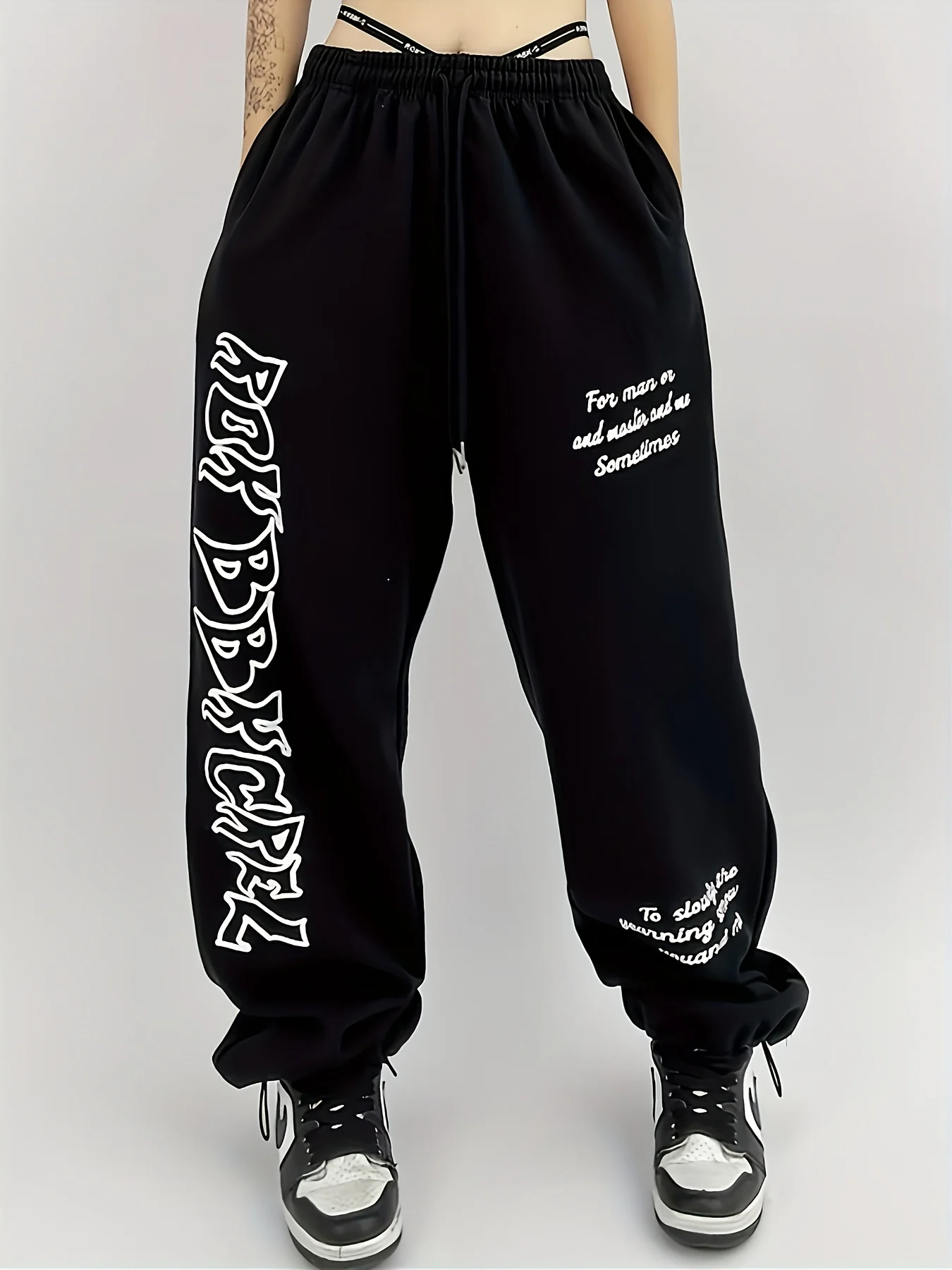 deanwangkt-1  Letter Print Casual Sporty Pants, Loose Fit Drawstring Elastic Waist Sports Trousers, Women's Activewear - Deanwangkt