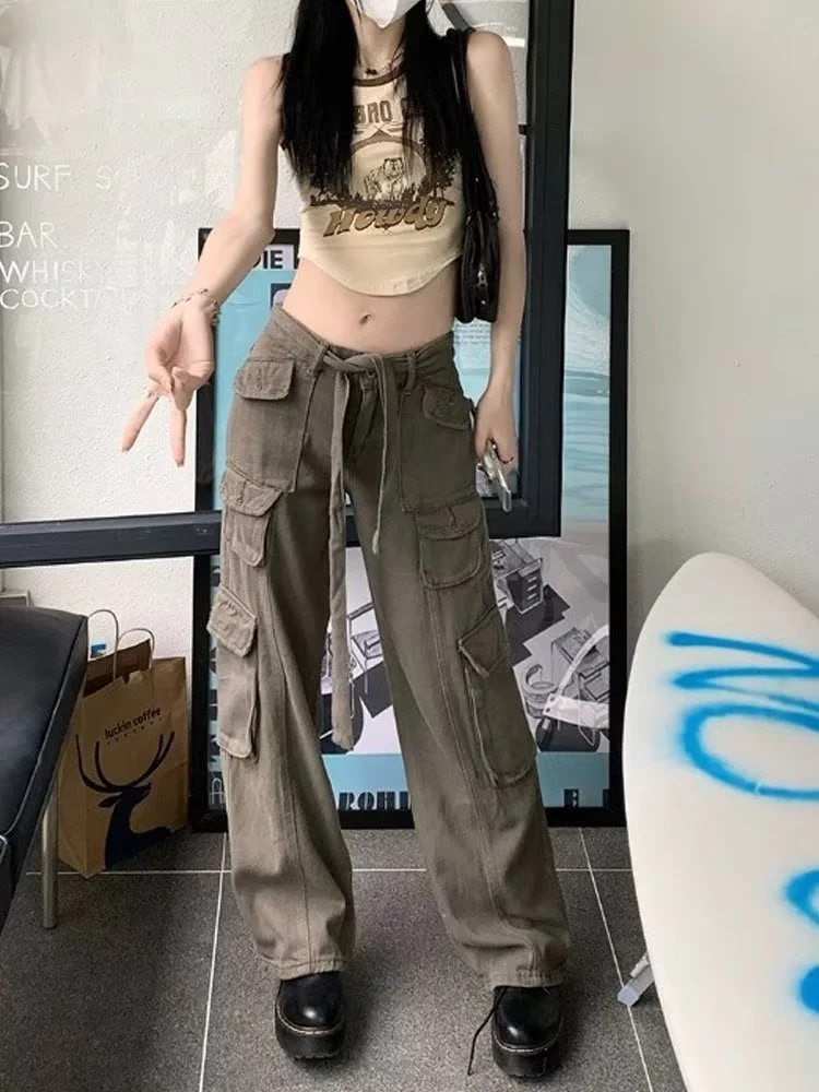 deanwangkt trousers summer popular light-colored women's new temperament trend wide-leg pants Japanese fashion zipper jeans - Deanwangkt