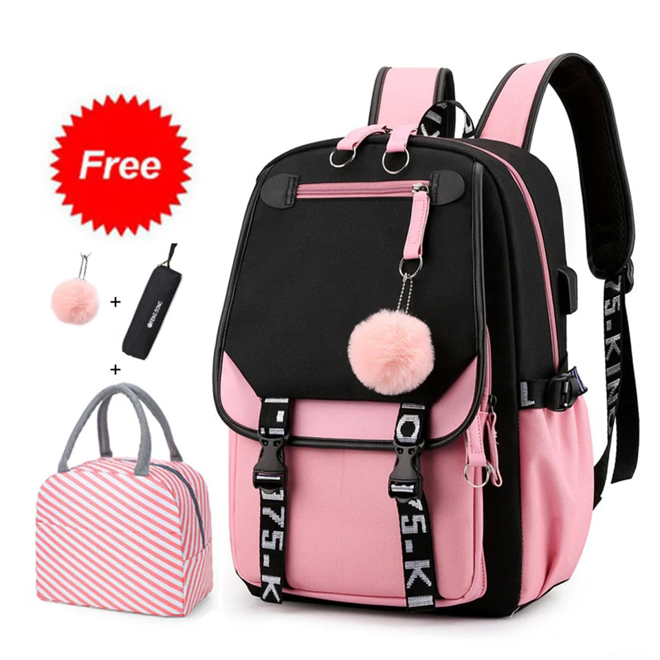 deanwangkt Teen Girl School Backpack with USB Charging Port 15.6 Inch Laptop Bag Water Resistant Nylon School Bookbag New - Deanwangkt