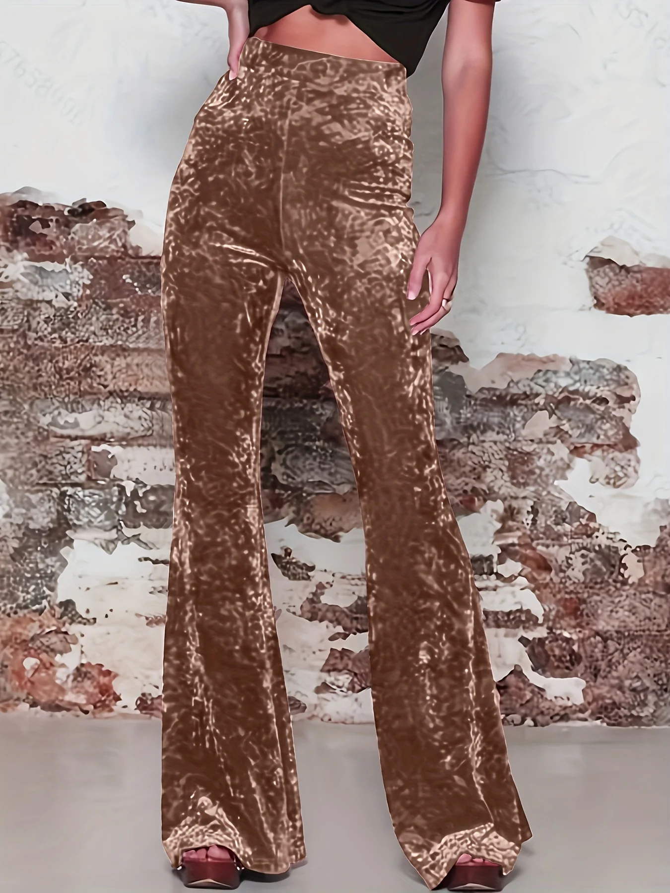 High Waist Solid Velvet Pants, Boho Every Day Flare Leg Pants For All Season, Women's Clothing - Deanwangkt