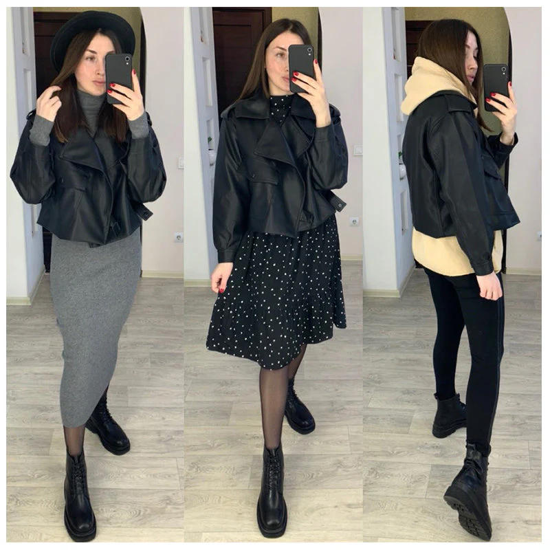 deanwangkt New Spring Women Faux Leather Jacket Biker Red White Coat Turndown Collar PU Motorcycle Jackets Loose Streetwear Outerwear - Deanwangkt