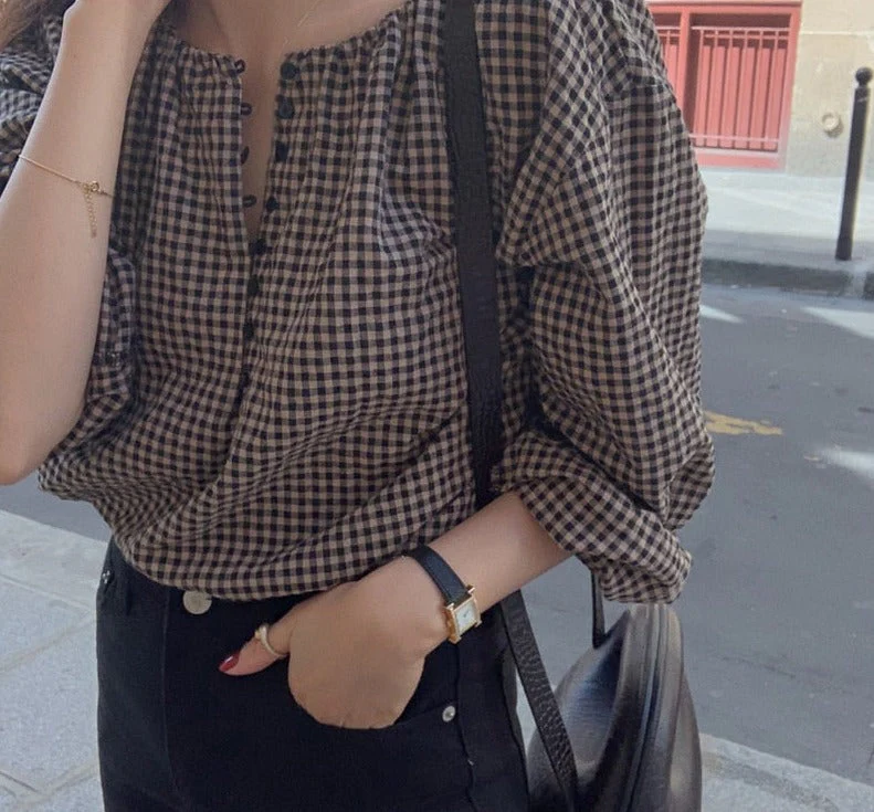 deanwangkt Blouses Women Button Fly Plaid Printed O-Neck Shirts Womens Vintage Casual Loose Tops Chic Trendy Gentle Designer Retro Clothing - Deanwangkt