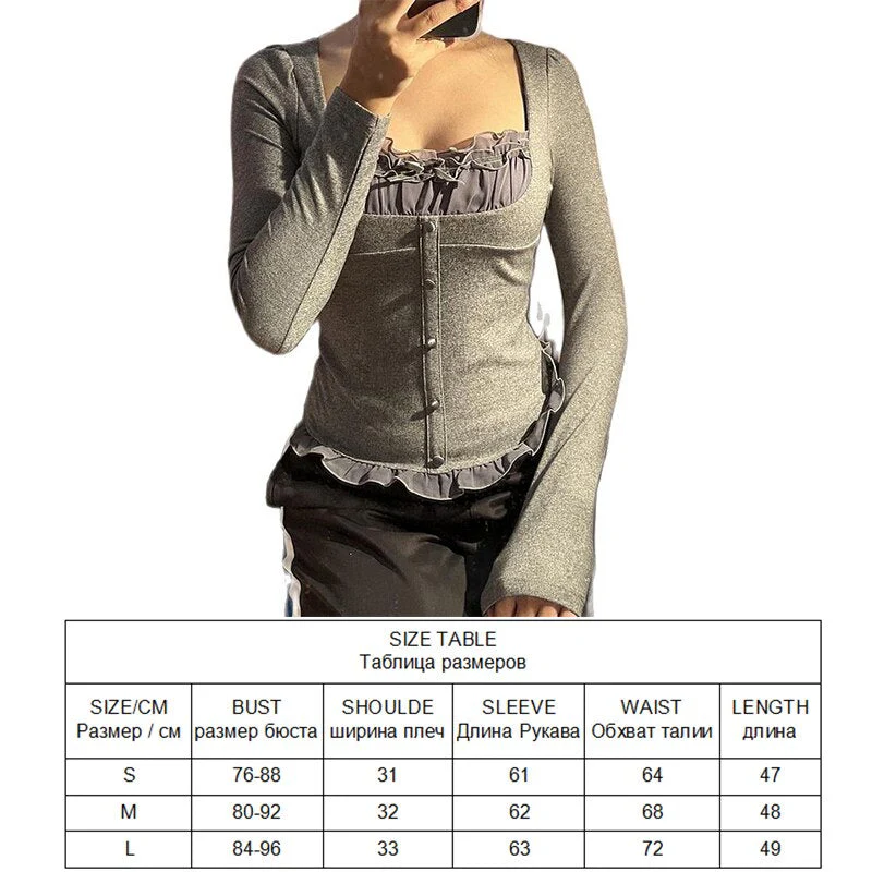 Long Sleeve T-Shirt Black Top Women Patchwork Lace Crop Top Winter Spring Women Pulovers Sexy Skinny V Neck Tees 90s Y2K Clothes - Deanwangkt