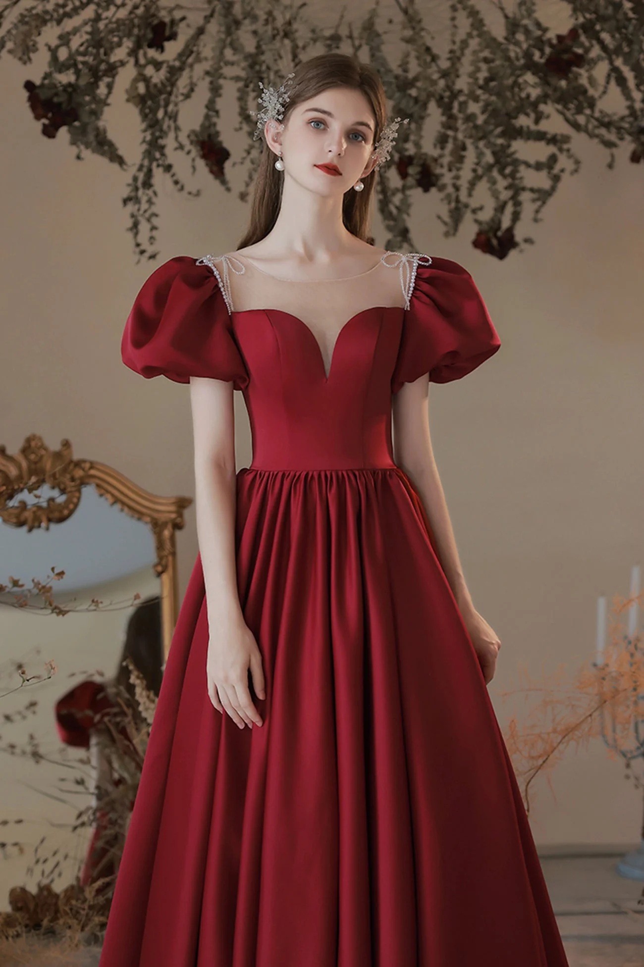 solvbao Burgundy Satin Long Prom Dress, Lovely A-Line Short Sleeve Graduation Dress - Deanwangkt
