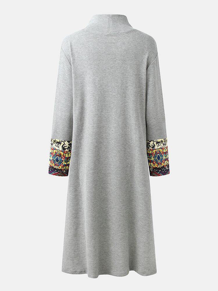 deanwangkt Women Embroidered Patchwork Frog Button Long Sleeve Retro Midi Dresses - Deanwangkt