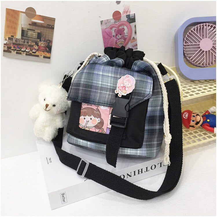 deanwangkt New Summer Bucket Bag Women Plaid Nylon Bag Girls Small Crossbody Bags Handbag Mobile Phone Bag Drawstring Shoulder Bag Bolsos - Deanwangkt
