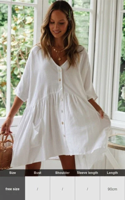 Sexy New Shirt Beach Up White Beach Dress Loose Blouse Tunic Pocket Long Sleeve Swimsuit Cover Up Casual Beachwear - Deanwangkt