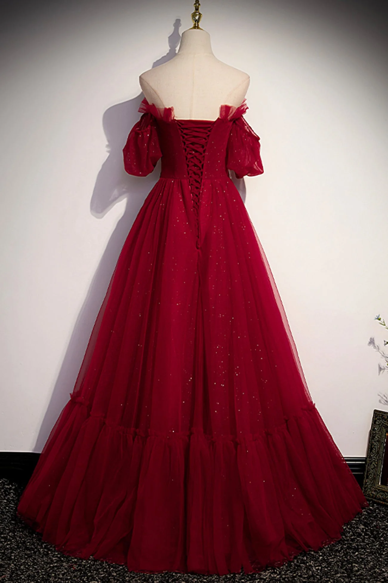 solvbao Burgundy Tulle Long Prom Dresses, A-Line Evening Dresses - Deanwangkt